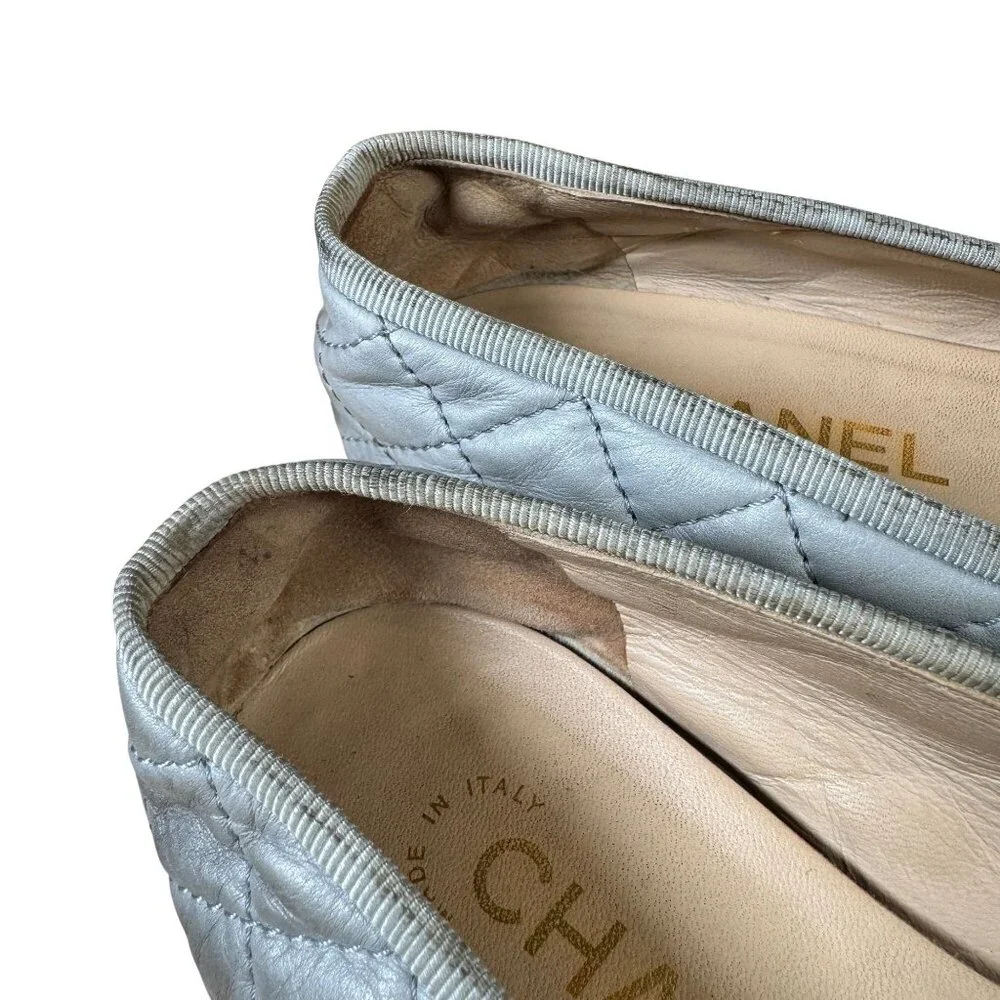 Chanel CC Cap Toe Quilted Silver Gray Lambskin Leather Ballet Flats EU 37 US 7 - Picture 4 of 11
